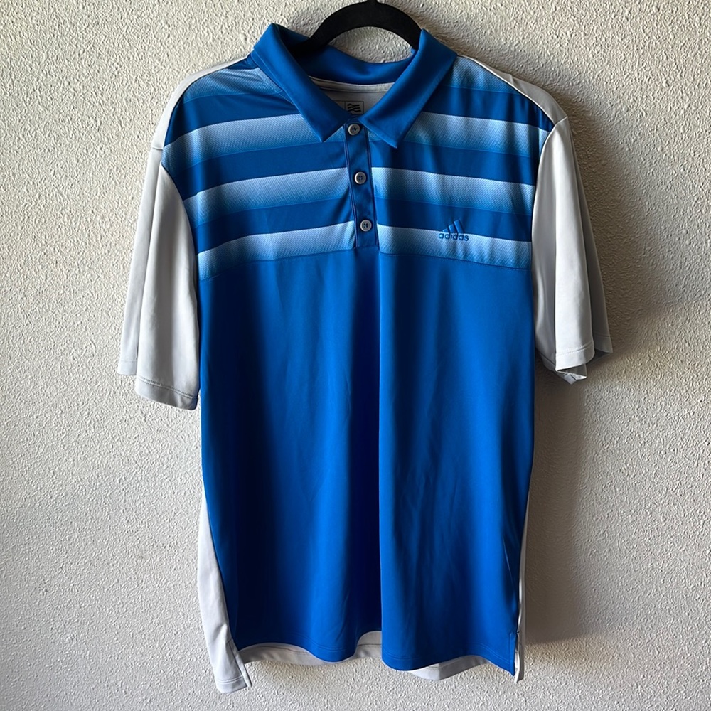 Adidas Golf Men's blue and gray striped short sleeve polo shirt Large